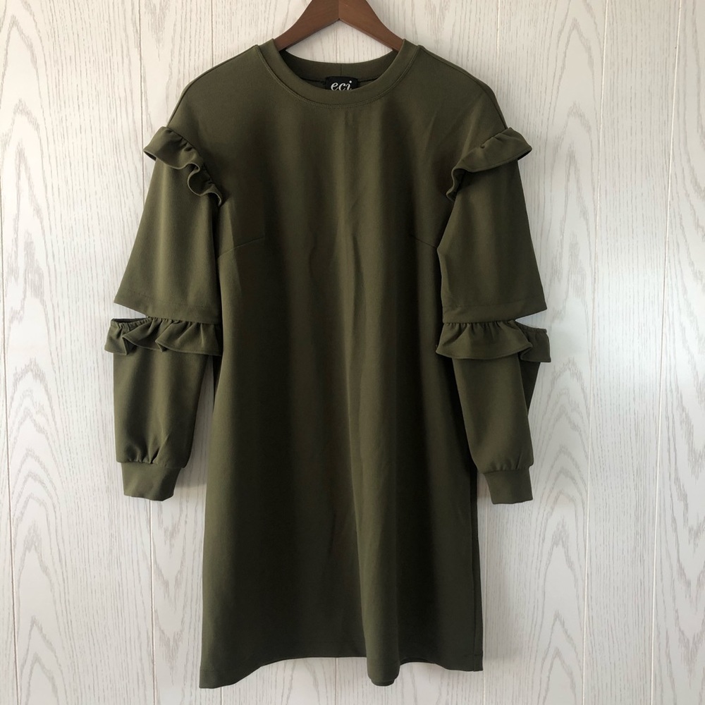 NWT ECI New York Ruffle Detail Long Sleeve Dress Olive Size 6